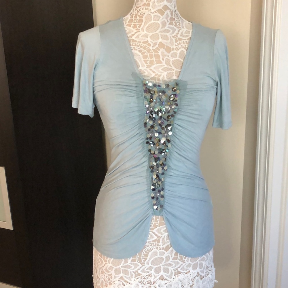 GREAT condition KAREN KANE embellished gathered front flutter sleeve sizeXS aqua